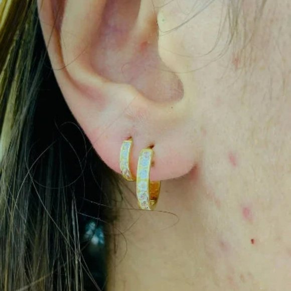 14K Solid Gold Double Huggies Hoop Earrings for Womens Hoop Earrings 14x14 9x9mm - Picture 3 of 4